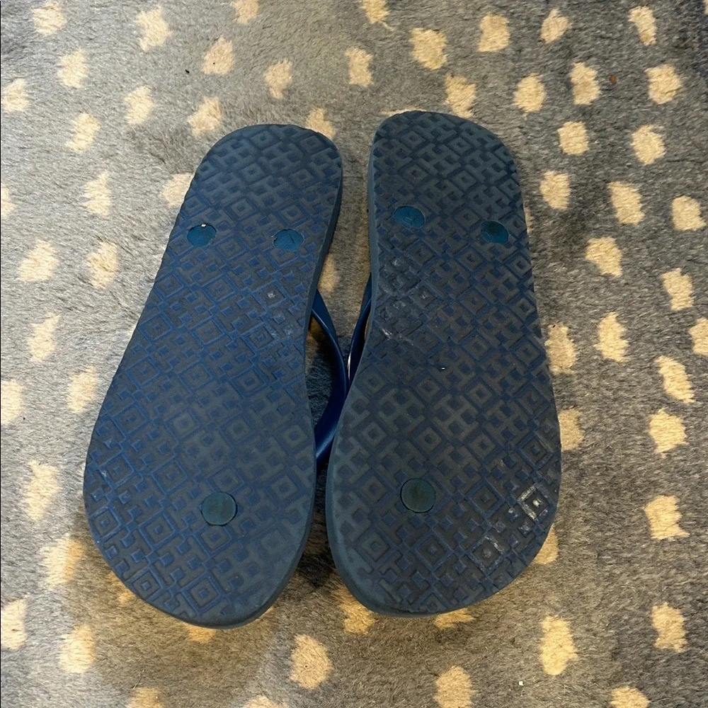 Tory Burch Navy and Gold Floral Sandals